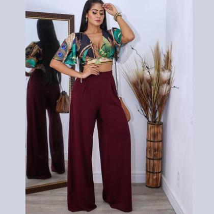 Imagem de Calça Pantalona Feminina Em Malha Viscolycra Cintura Media Alta Com Bolsos