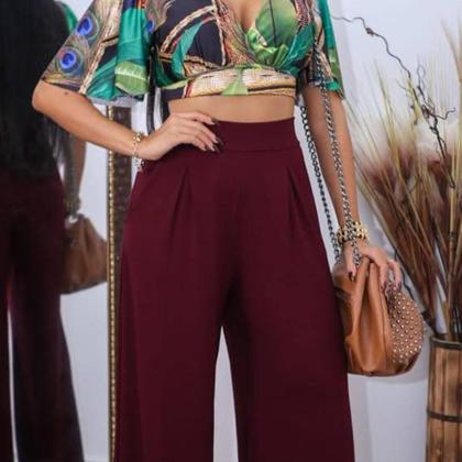 Imagem de Calça Pantalona Feminina Em Malha Viscolycra Cintura Media Alta Com Bolsos