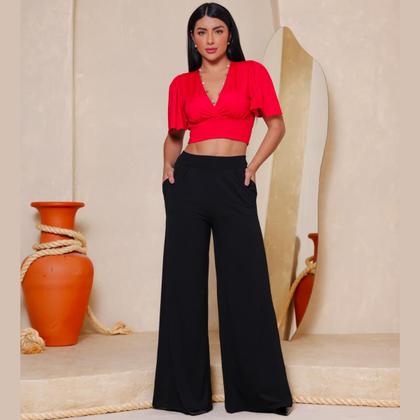 Imagem de Calça Pantalona Feminina Em Malha Viscolycra Cintura Media Alta Com Bolsos