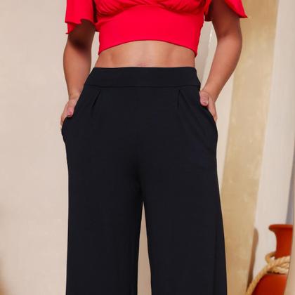 Imagem de Calça Pantalona Feminina Em Malha Viscolycra Cintura Media Alta Com Bolsos