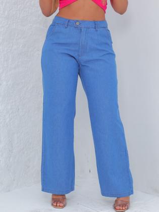 Imagem de Calça Pantalona Jeans Feminina Social Cintura Alta Com bolso na frente e zíper moda tendência