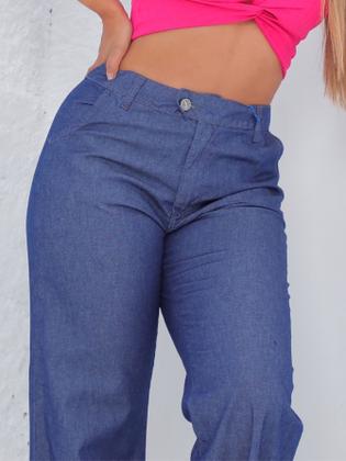 Imagem de Calça Pantalona Jeans Feminina Social Cintura Alta Com bolso na frente e zíper moda tendência