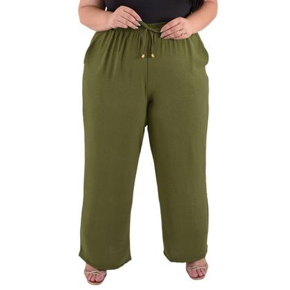 Imagem de Calça Plus Size Estilo Pantalona Feminina Cintura Alta Dunas Tendencia Wid Leg Elástico Cós