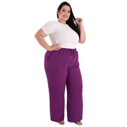 Imagem de Calça Plus Size Estilo Pantalona Feminina Cintura Alta Dunas Tendencia Wid Leg Elástico Cós