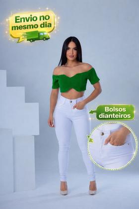 Imagem de Calça Skinny Branca Feminina Cintura Alta Com Elastano Não Transparente Bolsos Frontais e Traseiros Confortável Casual