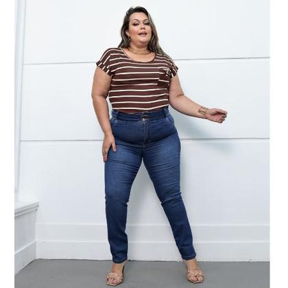 Imagem de Calça Skinny Jeans Feminina  modeladora Plus Size escura cintura alta lycra/elastano moda tendencia