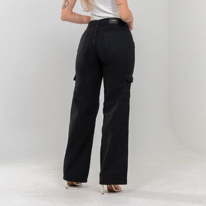 Imagem de Calça Wide leg Cargo bolso do lado Feminina Jeans Pantalona Cintura alta Premium