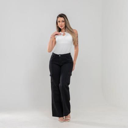 Imagem de Calça Wide leg Cargo bolso do lado Feminina Jeans Pantalona Cintura alta Premium