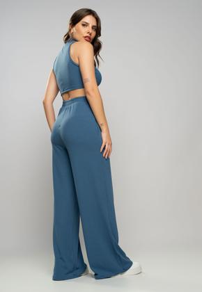 Imagem de Calça  Wide Leg Malha Canelada Azul Salvatore Fashion