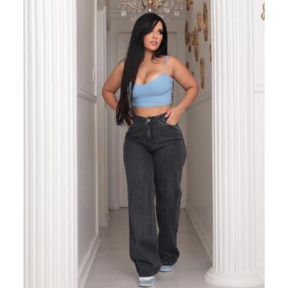 Imagem de Calça Wide Leg Marmorizada Cinza/Chumbo Feminina Jeans Premium cintura alta Pantalona tendencia