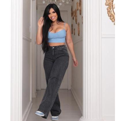 Imagem de Calça Wide Leg Marmorizada Cinza/Chumbo Feminina Jeans Premium cintura alta Pantalona tendencia