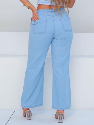 Imagem de Calça Wide Leg  Pantalona com elástico na cintura Jeans Clara Moda Blogueira