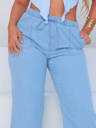 Imagem de Calça Wide Leg  Pantalona com elástico na cintura Jeans Clara Moda Blogueira
