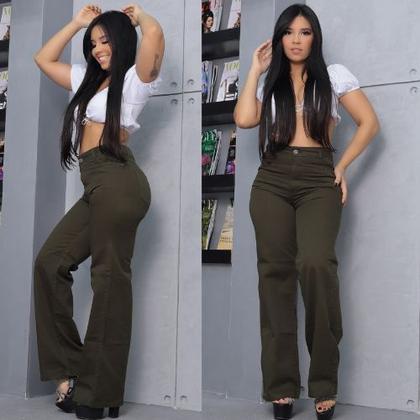 Imagem de Calça Wide leg verde exercito/musgo jeans feminina cintura alta premium tendencia