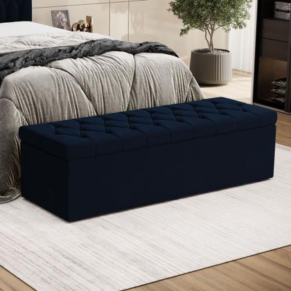 Imagem de Calçadeira Estofada Decorativa para Cama Box Sagitarius 195 para Cama King Suede Azul Marinho Aradec