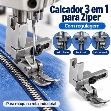 Imagem de Calcador de Pregar Zíper Multifuncional 3 em 1 Com Regulagem Aplica Zíper Lado Direito Esquerdo e Ponto Reto Para Máquina de Costura Reta Industrial