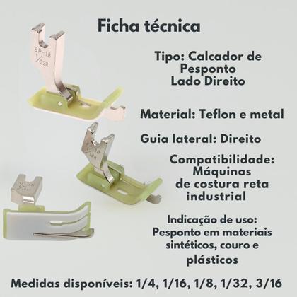 Imagem de Calcador pezinho teflon para pesponto guia direito maquina reta industrial sapata sapatilha
