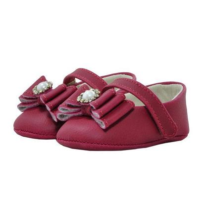 Imagem de Calçados Sapatinho de Bebê Bicho de Pé - Sapatilha Feminina c/ Laço Triplo, Pérolas e Strass - Vermelha