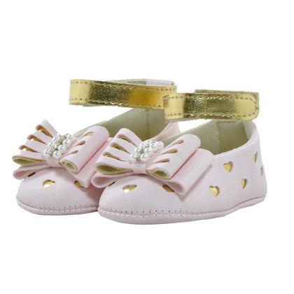 Imagem de Calçados Sapatinho de Bebê - Sapatilha Feminina com Laço, Pérola e Strass - Bicho de Pé - Sintético - Rosa e Ouro