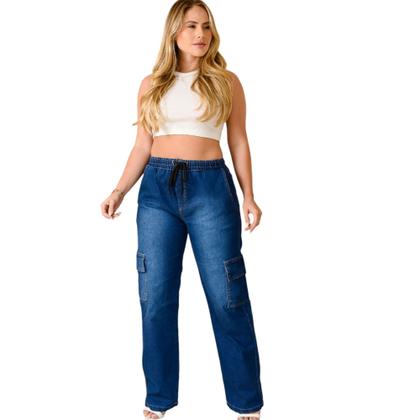 Calças Cargo Feminina Jeans Larga Skatista Bolso Lateral