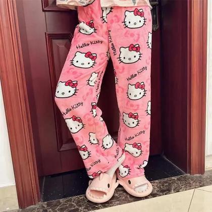 Imagem de Calças De Pijama Femininas De Moletom Grosso Hello Kitty Com Elástico Duplo, Calças Macias, Presente