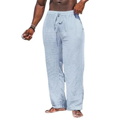 Imagem de Calças De Praia Masculinas Leves De Algodão E Linho, Soltas E Retas Com Cordão