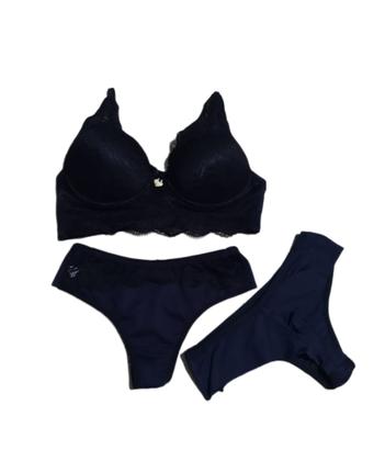 Imagem de Calcinha Fio Duplo E Sutiã Com Bojo Renda Luxo Conjunto