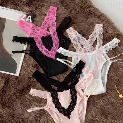 Imagem de Calcinha G String De Renda De Cintura Baixa Sexy Para Mulheres, Lingerie Sem Costura Com Recortes