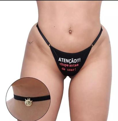 Imagem de Calcinha tanga fio frase noite preta + gargantilha hotwife
