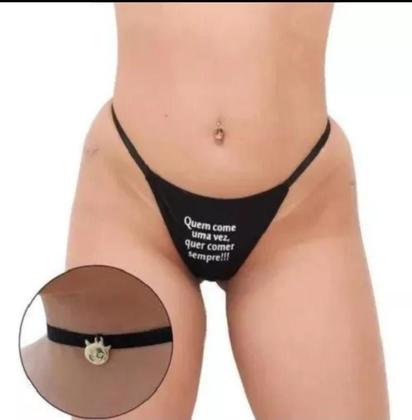 Imagem de Calcinha tanga fio frase noite preta + gargantilha hotwife