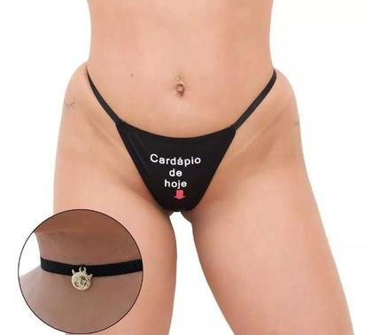 Imagem de Calcinha tanga fio frase noite preta + gargantilha hotwife