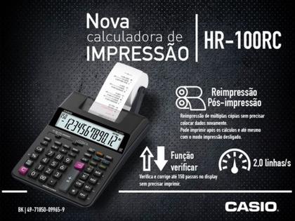 Imagem de Calculadora Bobina Casio HR-100RC Preta Bivolt e À Pilha Impressão do Cálculo 2 Cores Reimpressão