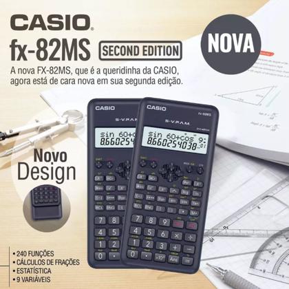 Imagem de Calculadora Científica Original Casio FX-82MS DH 2nd Edition 240 Funções SVPAM Preta AAA