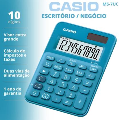 Imagem de Calculadora De Mesa Casio MS7UCBU Azul 10 Dígitos Cálculo De Taxas E Tempo Original Solar Bateria