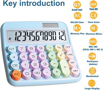 Imagem de Calculadora Solar Colorida de Mesa 12 Digitos Grande Tela LCD Botão Mecânico