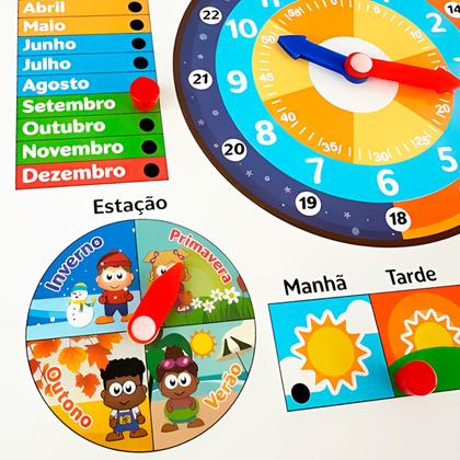 Imagem de Calendário Infantil Brinquedo Didático Em Madeira Com Horas Dias E Estações Do Ano