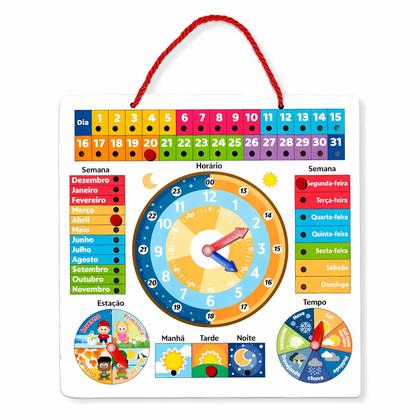 Imagem de Calendário Infantil Brinquedo Didático Em Madeira Com Horas Dias E Estações Do Ano
