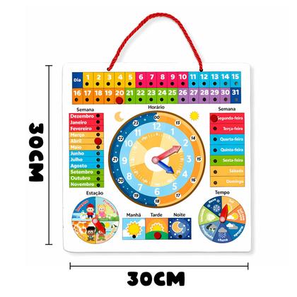 Imagem de Calendário Infantil Brinquedo Didático Em Madeira Com Horas Dias E Estações Do Ano