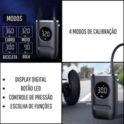 Imagem de Calibrador Compressor Pneu De Carro Bike Moto Eletrica Portátil Recarregável Bomba de encher Pneu Digital Carro Bike moto Sem Fio