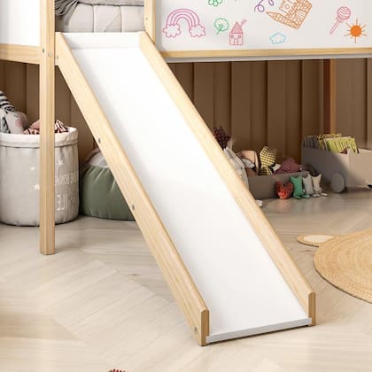 Imagem de Cama Alta com Escorregador e Lousa Madeira Maciça/MDF Exclusive Casatema Branco/Natural