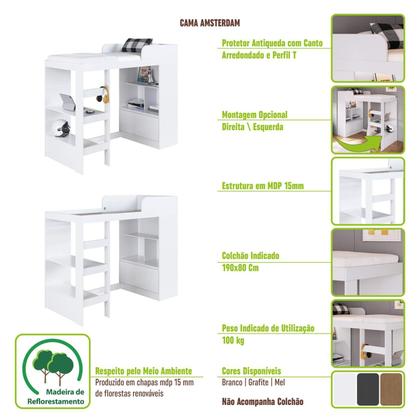 Imagem de Cama Alta de Solteiro Multifuncional Sem Colchão CA6080 Amsterdam Art In Móveis