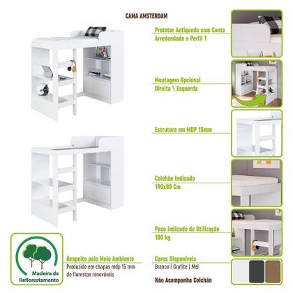 Imagem de Cama Alta Multifuncional Com Nichos E Escrivaninha Marrom