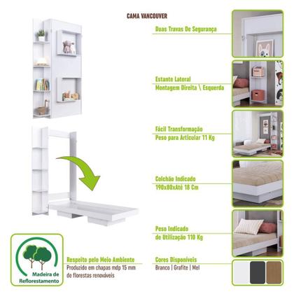 Imagem de Cama Articulada Solteiro Vertical com 4 Prateleiras e 2 Nichos CV1085 80cm Branco - Art In Móveis
