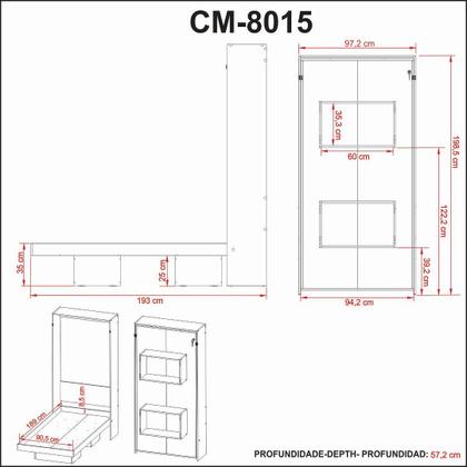 Imagem de Cama Articulada Vertical Solteiro de Parede com 2 Nichos MDP em 2 Amêndoa Até 110kg Tecnomobili