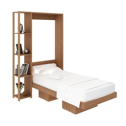 Imagem de Cama Articulada Vertical Solteiro de Parede com 4 Prateleiras e 2 Nichos MDP Amêndoa Até 110kg Tecnomobili