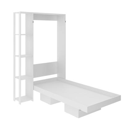 Imagem de Cama Articulada Vertical Solteiro de Parede com 4 Prateleiras e 2 Nichos MDP Branco Até 110kg Tecnomobili
