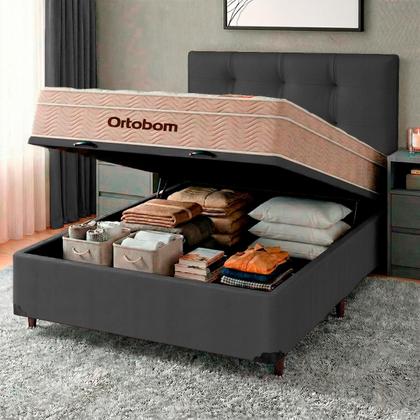 Imagem de Cama + Bau Blindado e Colchão Ortobom Molas Ensacadas Casal - Airtech + Cabeceira