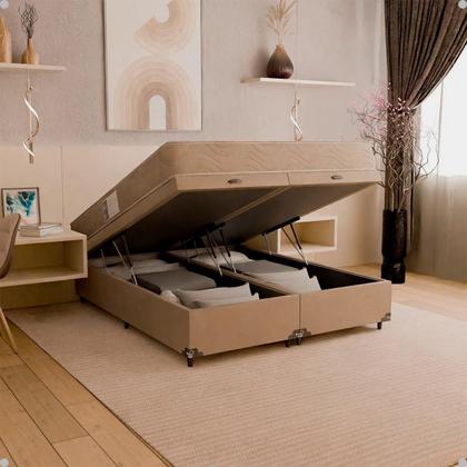 Imagem de Cama Baú Queen Bipartido + Colchão D33 One Face Suede Bege eShop Casa