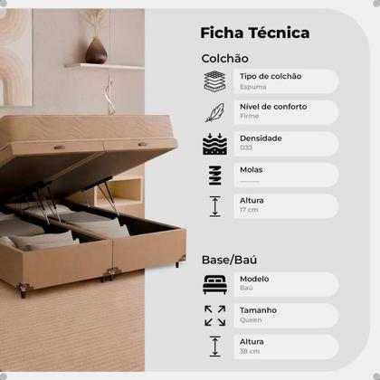 Imagem de Cama Baú Queen Bipartido + Colchão D33 One Face Suede Bege eShop Casa