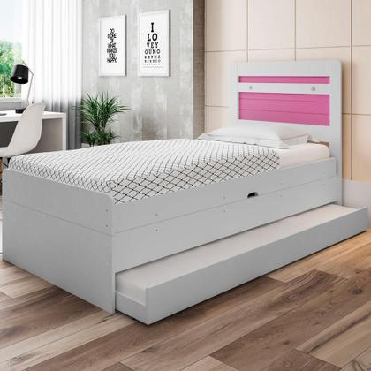 Imagem de Cama Baú Solteiro Branco e Rosa com Aux. e Colchões